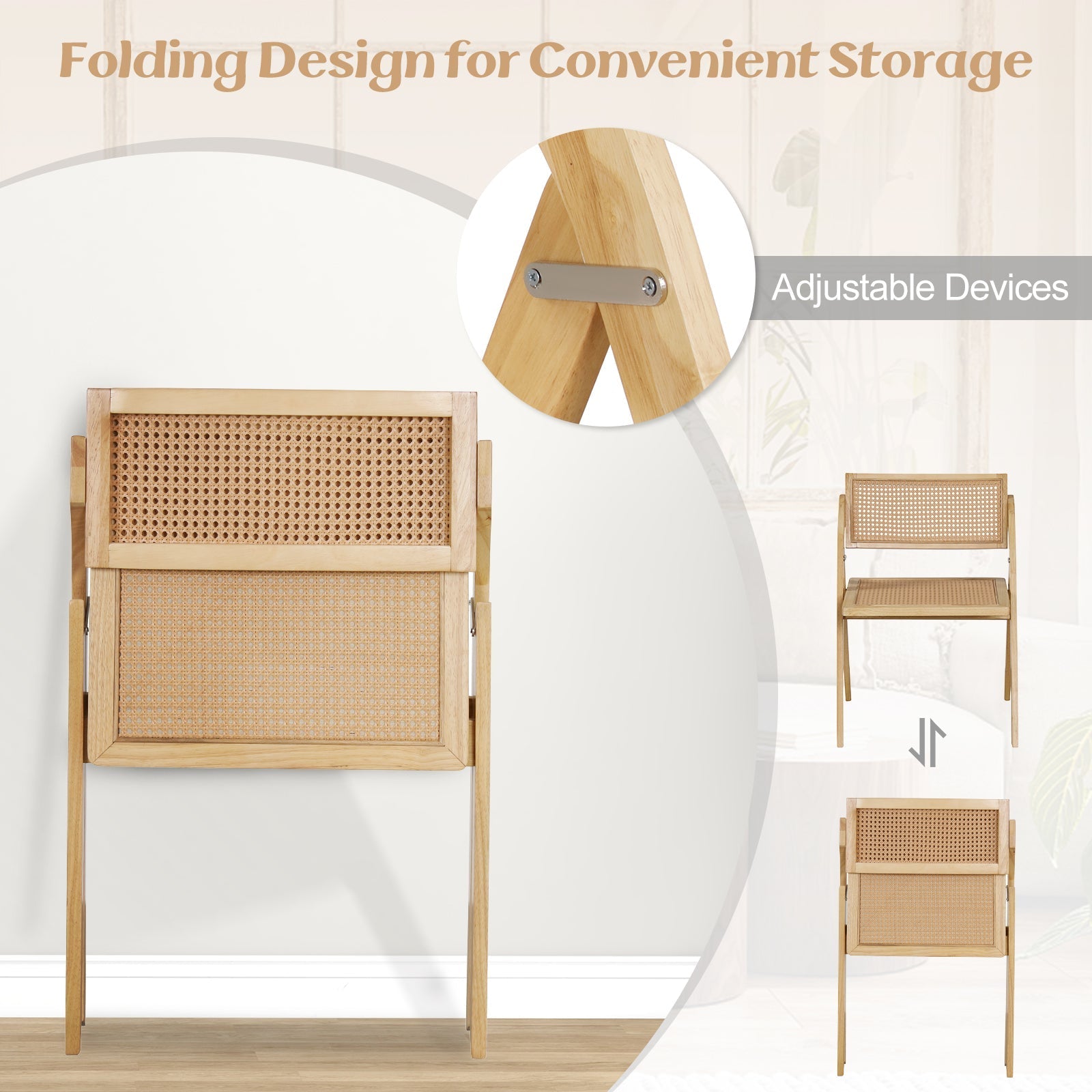 Foldable Dining Chairs Set of 2 with Woven Rattan Backrest
