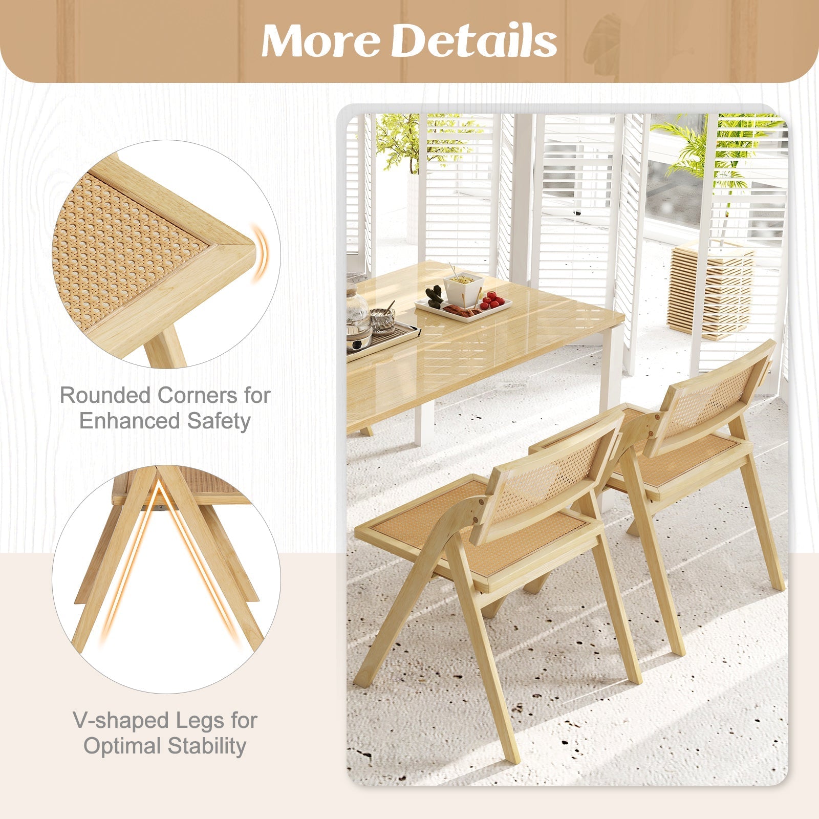 Foldable Dining Chairs Set of 2 with Woven Rattan Backrest