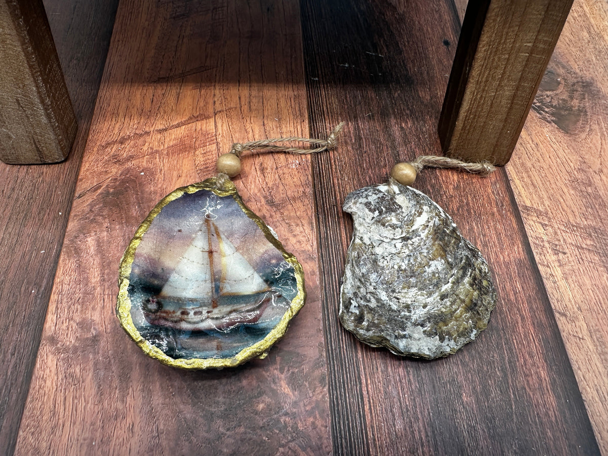 Decoupaged Oyster Ornament on Twine