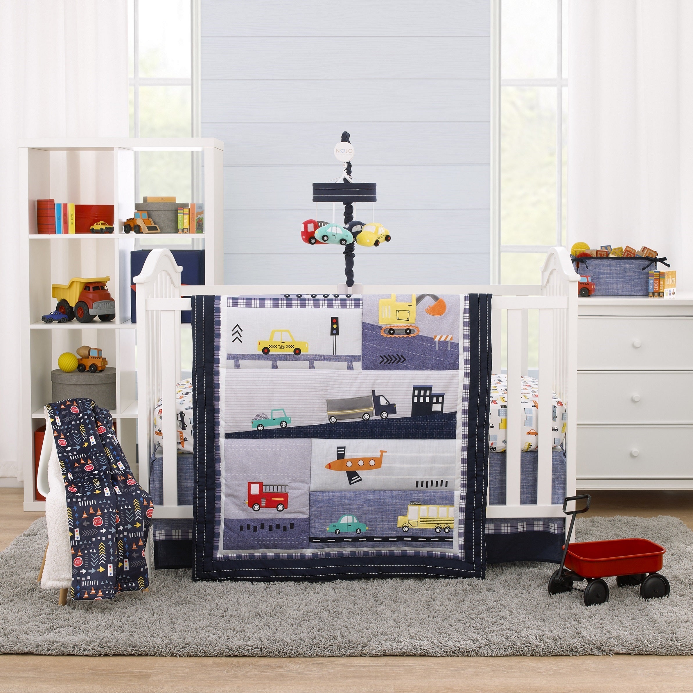 Transportation Trails Navy, Yellow, and Red Fire Engine, Cars, and Taxi Plush Musical Mobile