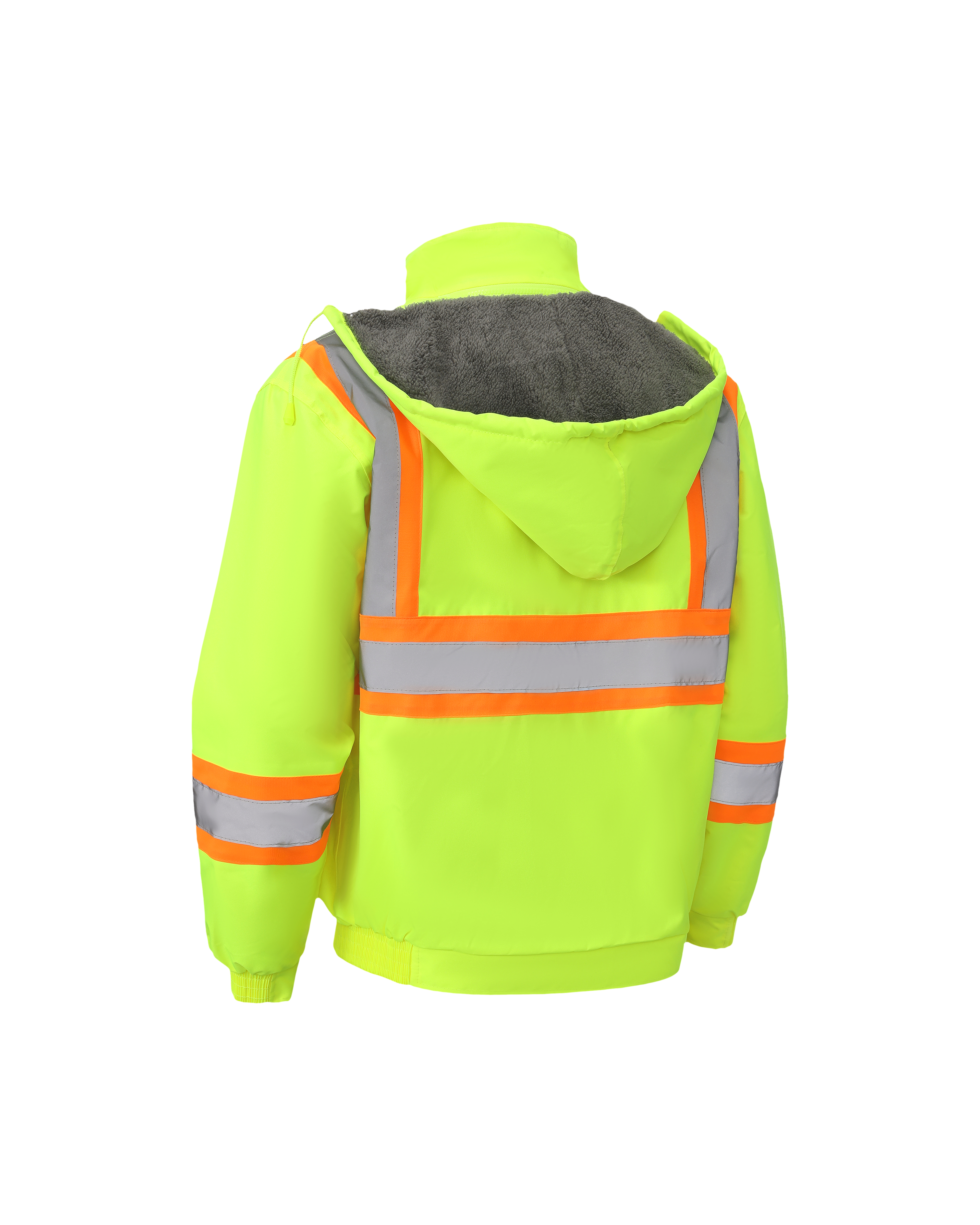 Kiwi High Visibility Hooded & Sherpa Lined ANSI/ISEA 107-2020, Type R, Class 3 Contrast Trimmed Water Resistant Neon Safety Jacket [71100]