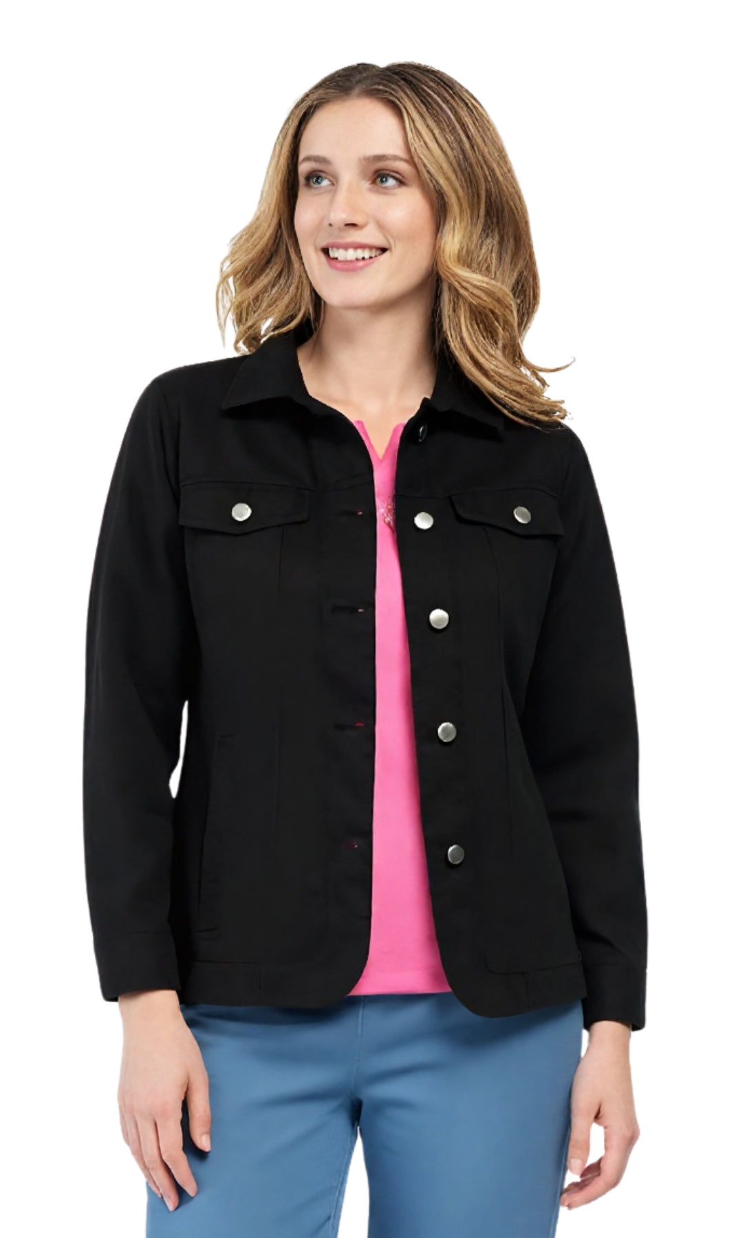 Women's Button Front Brushed Twill Jacket with Collar and Patch Pockets