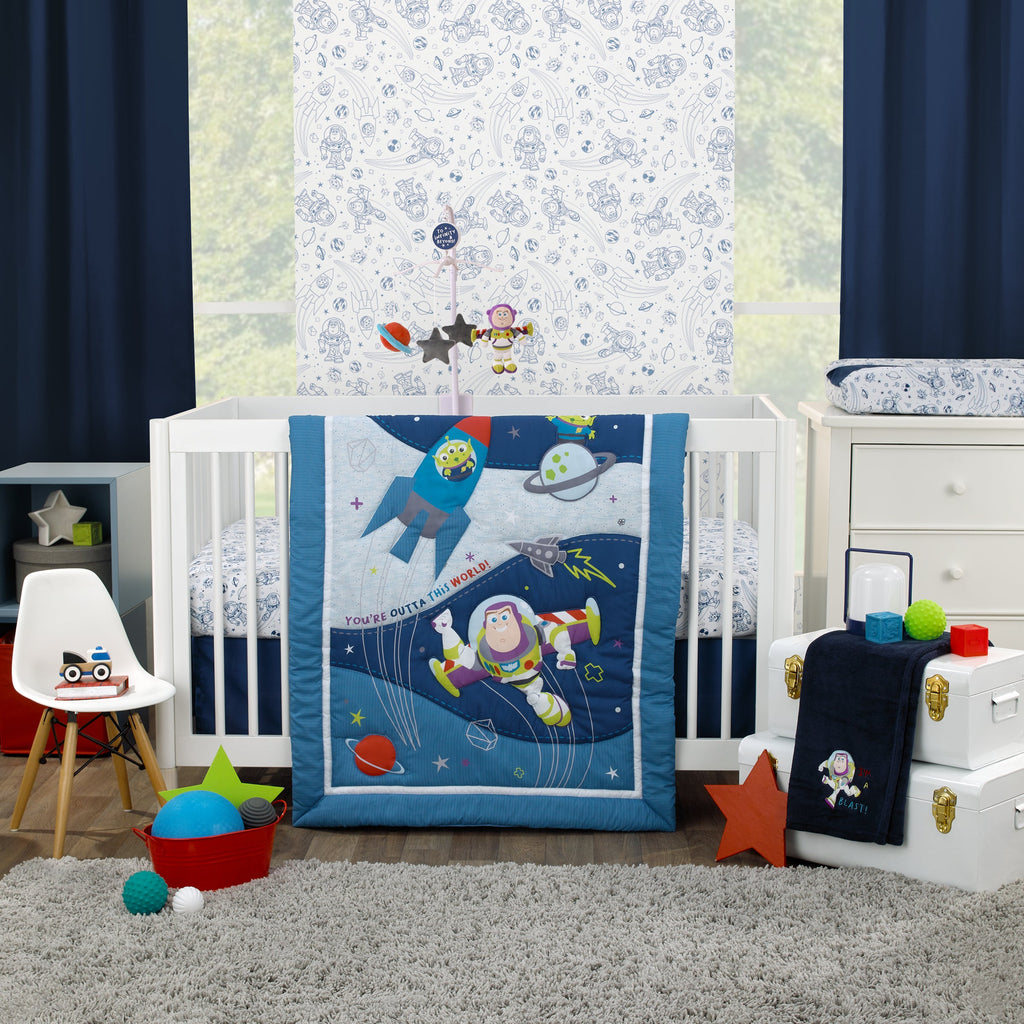 Toy Story Outta This World Blue and Gray Buzz Lightyear 4 Piece Nursery Crib Bedding Set - Comforter, Fitted Crib Sheet, Changing Pad Cover, and Crib Skirt