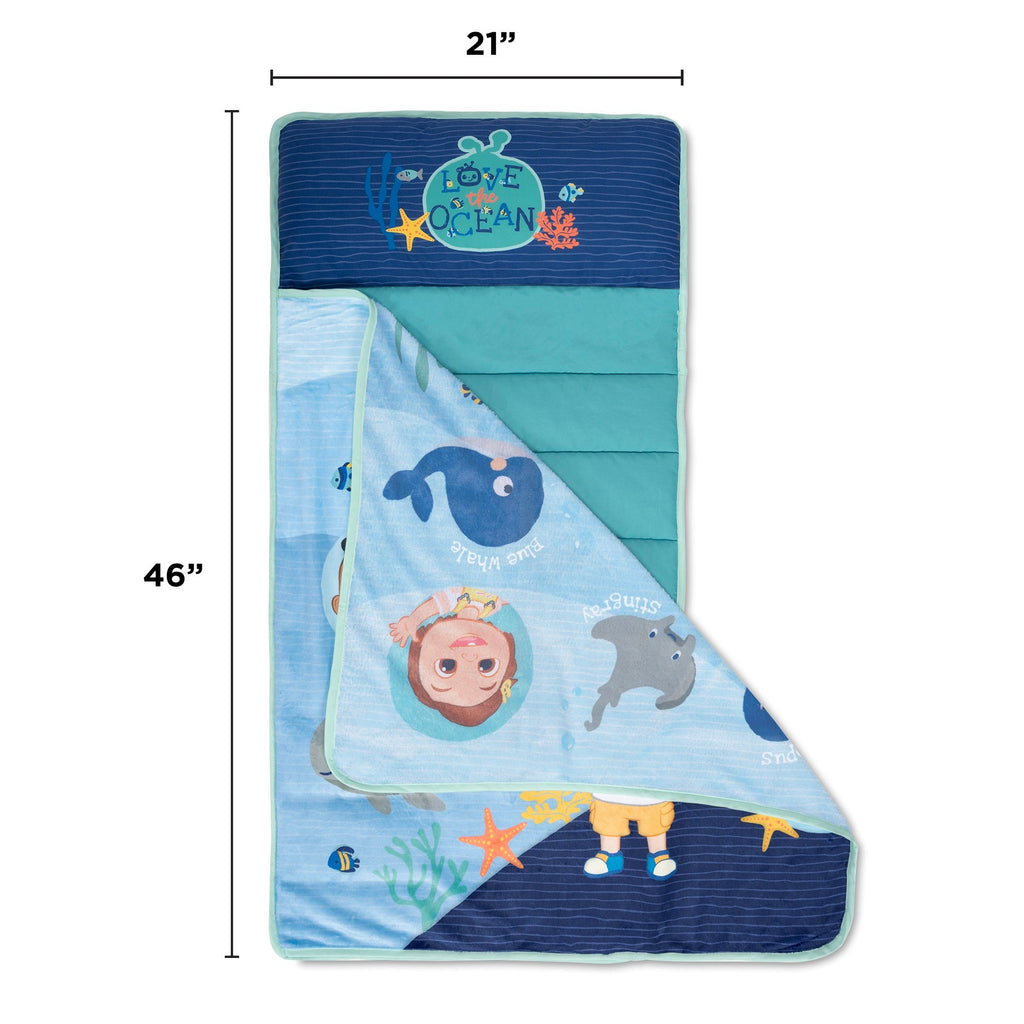 NoJo CoComelon "Love The Ocean" Toddler Nap Mat - Includes Attached Pillow and Fleece Blanket, Light Blue, and Navy
