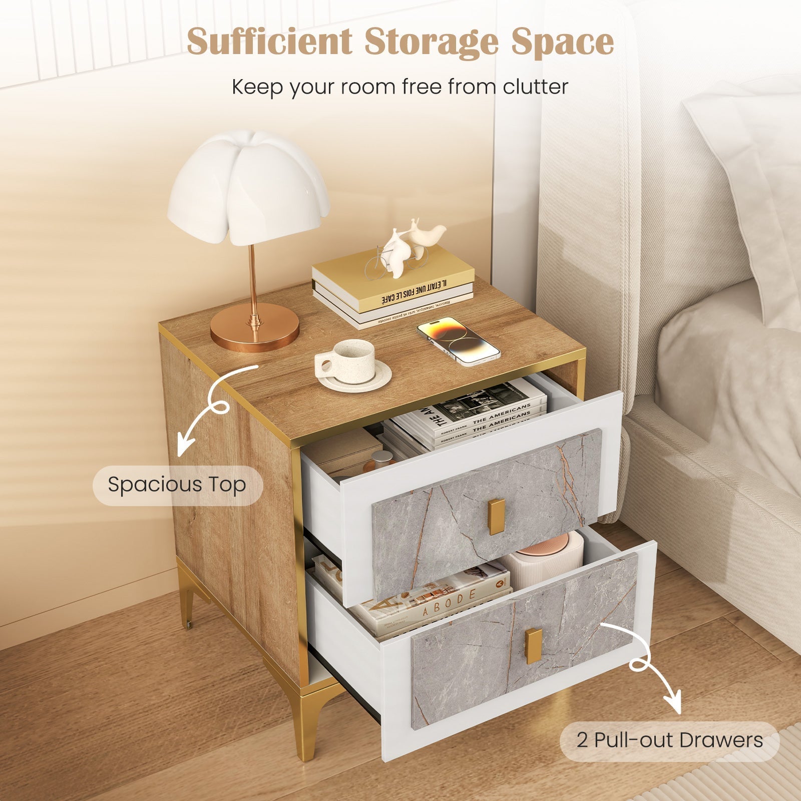 Nightstand with 2 Pull-out Drawers for Living Room Bedroom