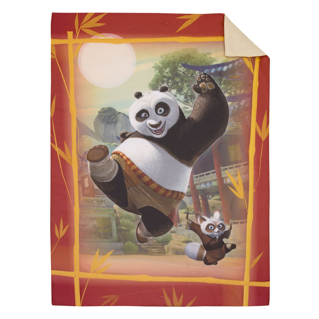 Kung Fu Panda Dragon Warrior Red and Gold Po and Friends 4 Piece Toddler Bed Set - Comforter, Fitted Bottom Sheet, Flat Top Sheet, and Reversible Pillowcase