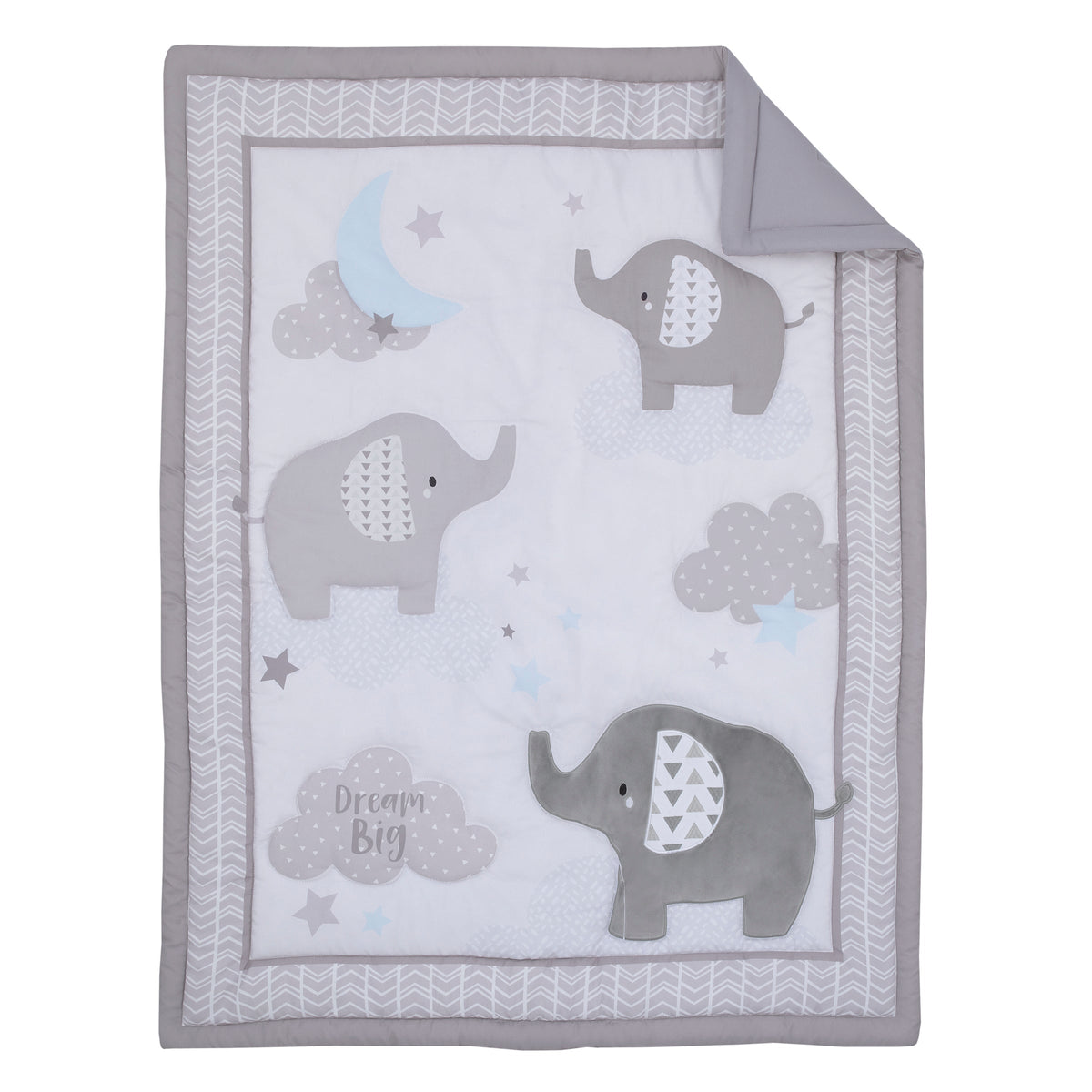 Little Love by NoJo Elephant Stroll Dream Big Clouds and Stars with Chevron Border 3 Piece Nursery Crib Bedding Set - Comforter, Fitted Crib Sheet, and Crib Skirt