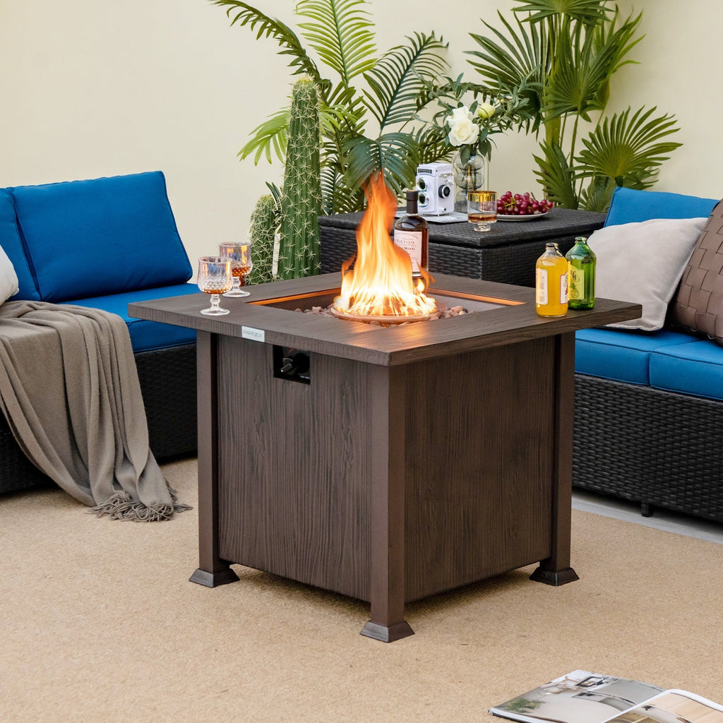 32 Inch 50 000 BTU Square Fire Pit Table with Lid and Lava Rocks-Brown