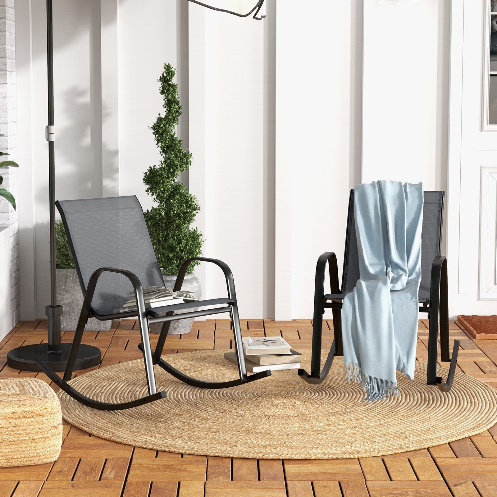 Set of 2 Metal Patio Rocking Chair with Breathable Seat Fabric
