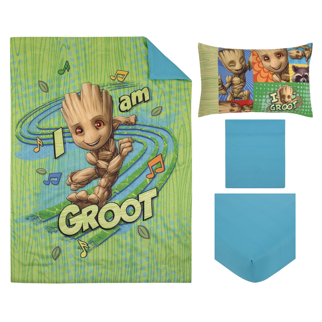 Guardians of the Galaxy I Am Groot Green and Blue 4 Piece Toddler Bed Set - Comforter, Fitted Bottom Sheet, Flat Top Sheet, and Reversible Pillowcase