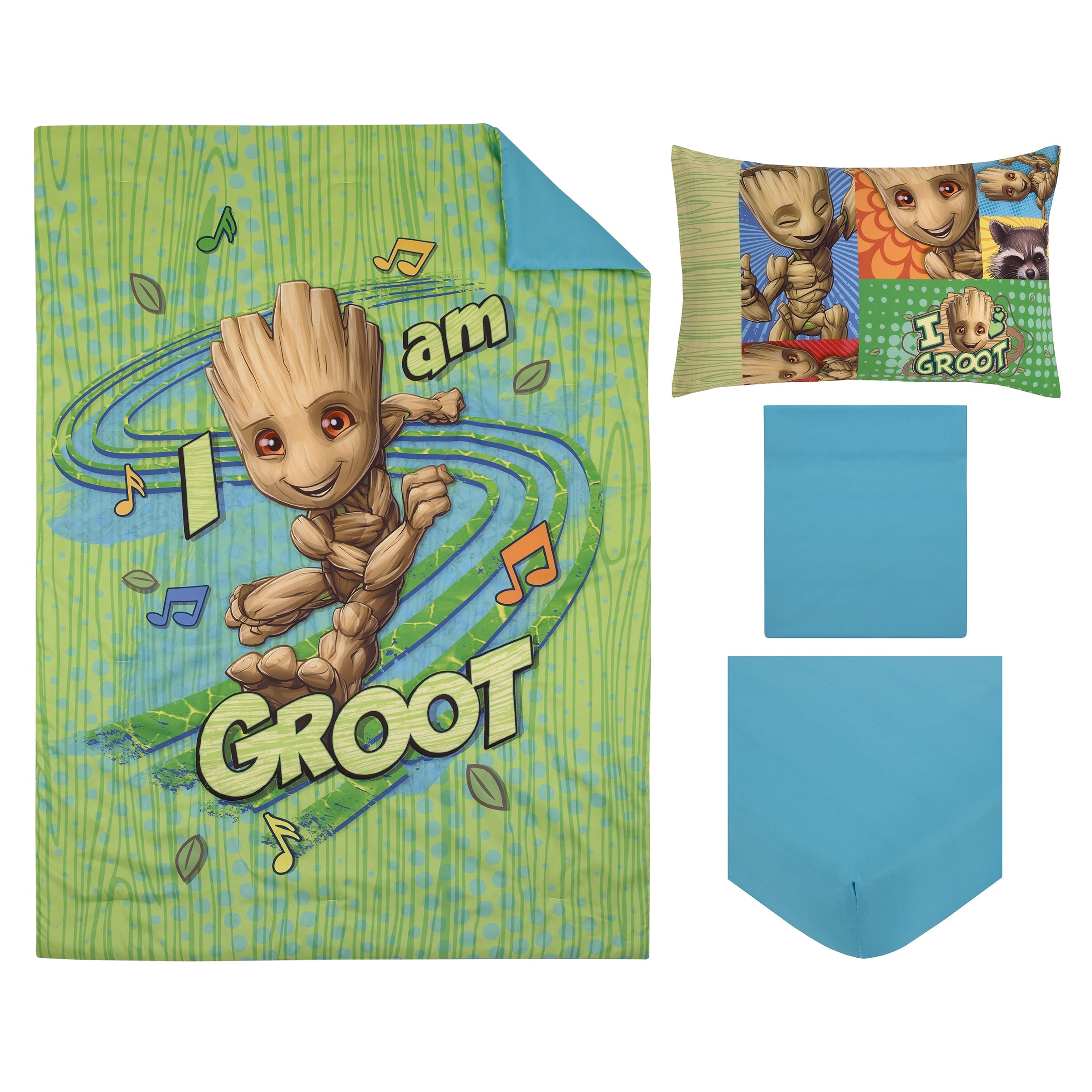 Guardians of the Galaxy I Am Groot Green and Blue 4 Piece Toddler Bed Set - Comforter, Fitted Bottom Sheet, Flat Top Sheet, and Reversible Pillowcase