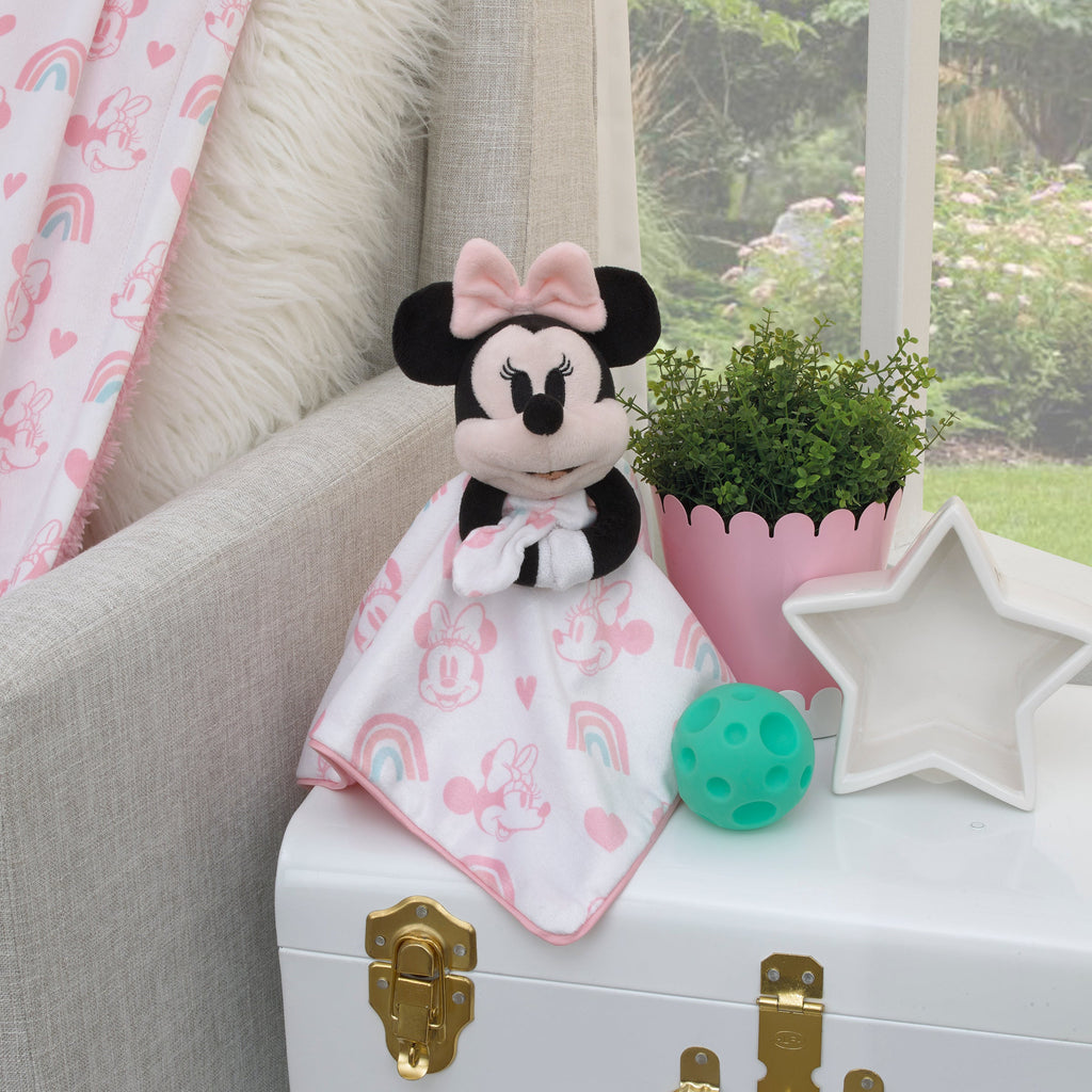 Disney Minnie Mouse White, Pink, and Aqua Rainbow and Heart Lovey Security Blanket