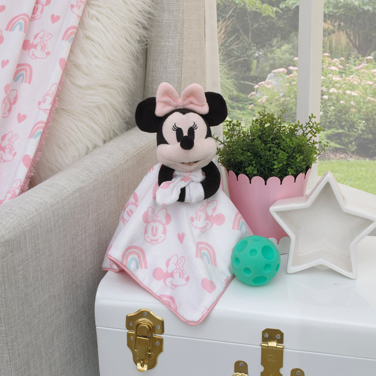 Disney Minnie Mouse White, Pink, and Aqua Rainbow and Heart Lovey Security Blanket