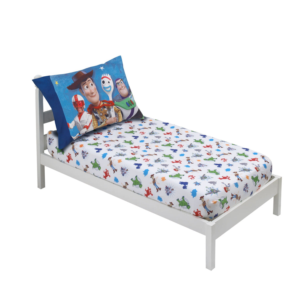 Disney Toy Story 4 - Blue, Green, Red and White 2 Pack Toddler Fitted Crib Sheet and Standard Size Pillowcase Set