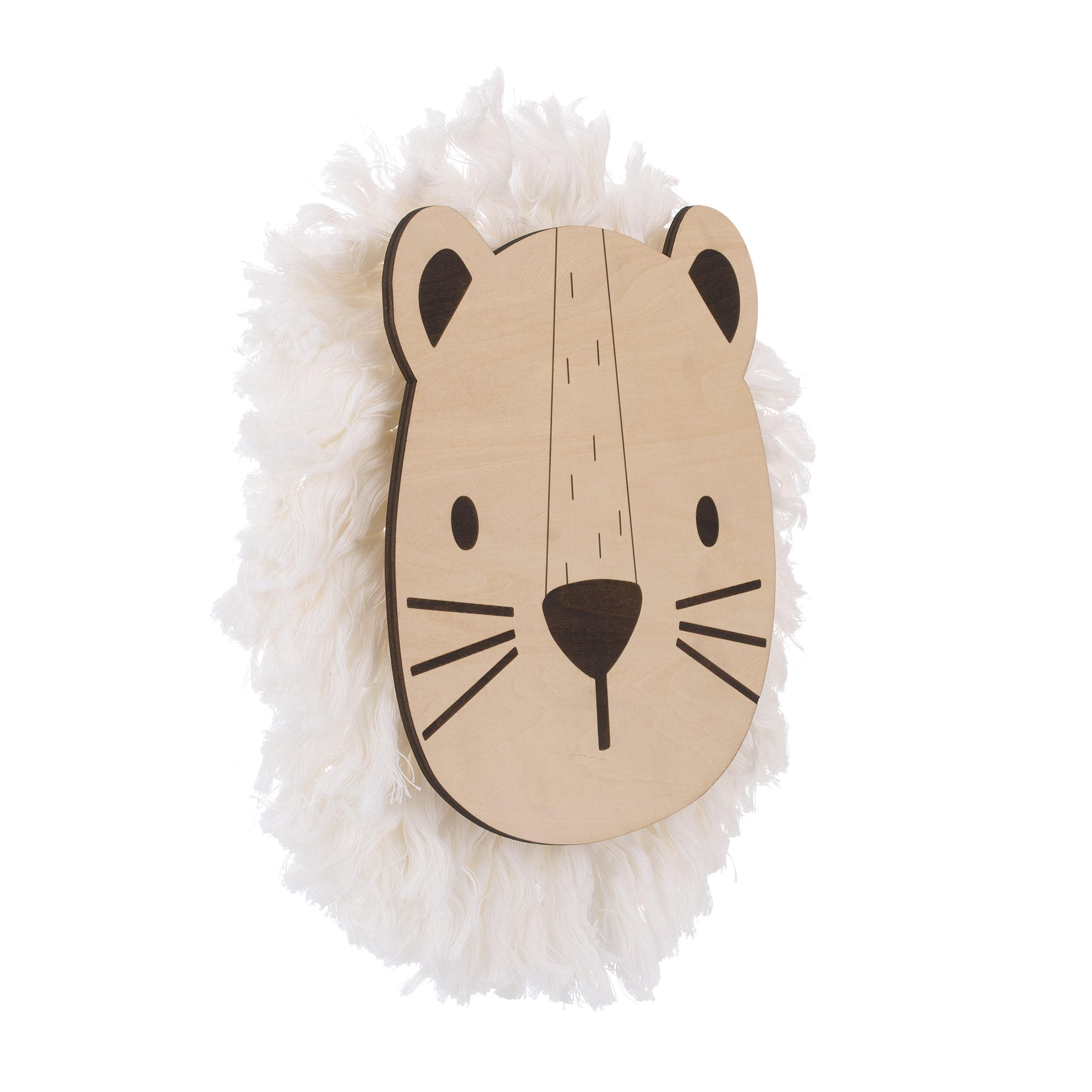 Natural Wood Lion Wall Decor with Ivory Yarn Mane
