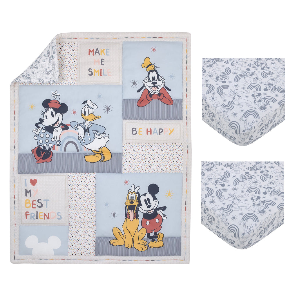 Mickey and Friends Blue, Oatmeal, and Red Mickey Mouse, Minnie Mouse, Donald Duck, Pluto and Goofy 3 Piece Nursery Mini Crib Bedding Set - Comforter and Two Fitted Mini Crib Sheets