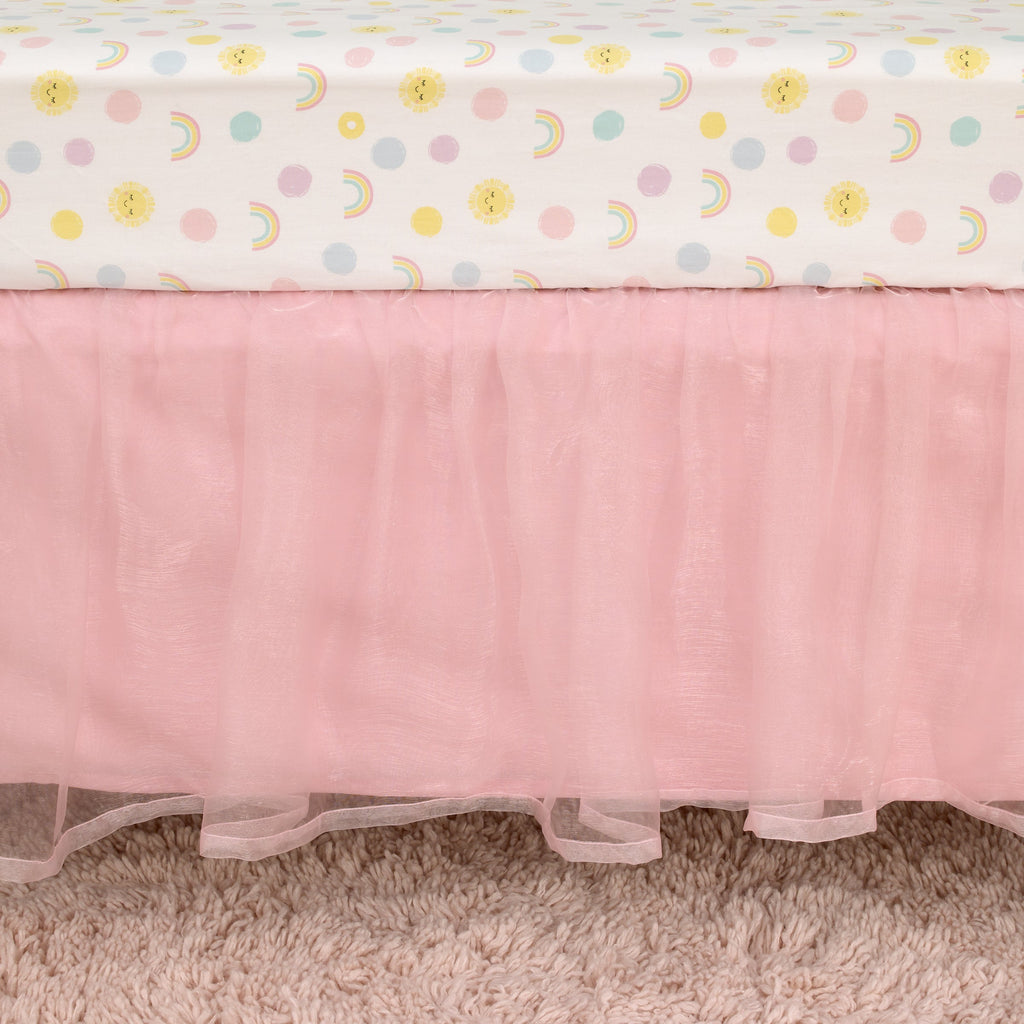 Happy Days Pink, White, and Yellow Rainbows and Sunshine 4 Piece Nursery Crib Bedding Set - Comforter, 100% Cotton Fitted Crib Sheet, Crib Skirt and Reversible Storage