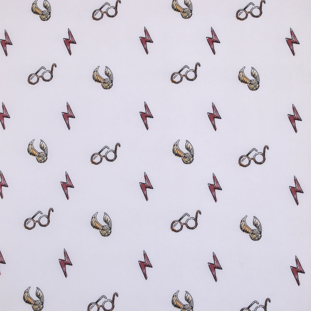 Harry Potter White, Red, and Gold Lightning Bolt, Golden Snitch and Glasses Nursery Fitted Mini Crib Sheet