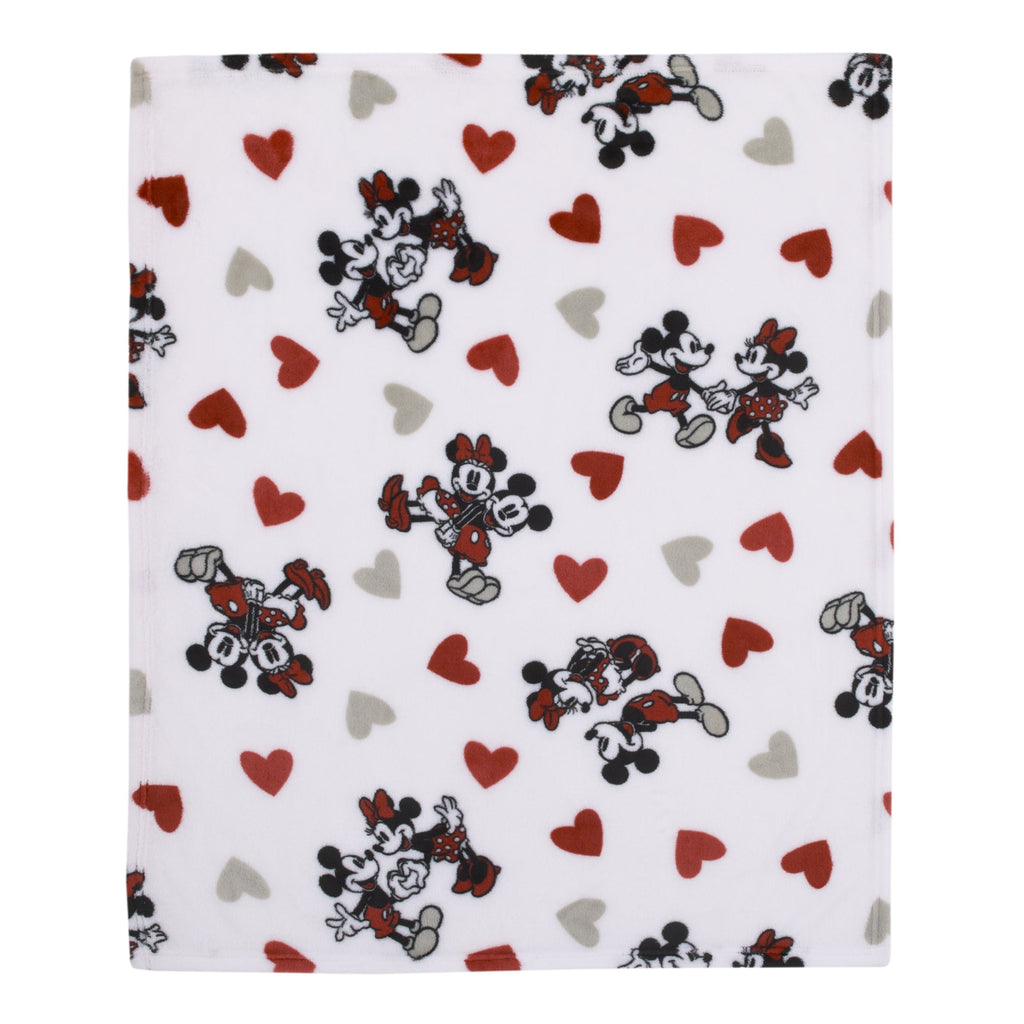 Mickey Mouse & Minnie Mouse Red, Gray, and White Valentine Hearts Super Soft Plush Baby Blanket