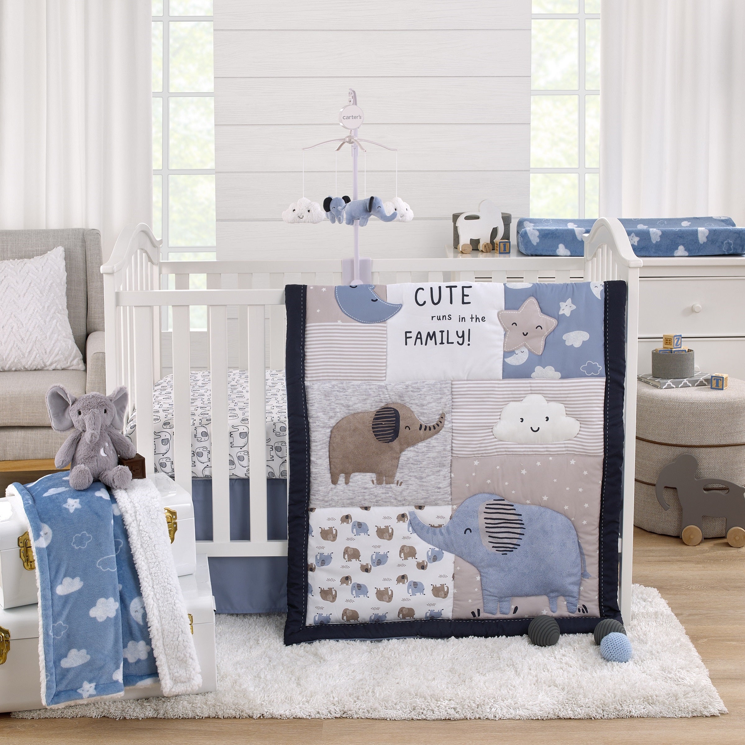 Blue Elephant - White and Tan Elephants Super Soft Fitted Crib Sheet