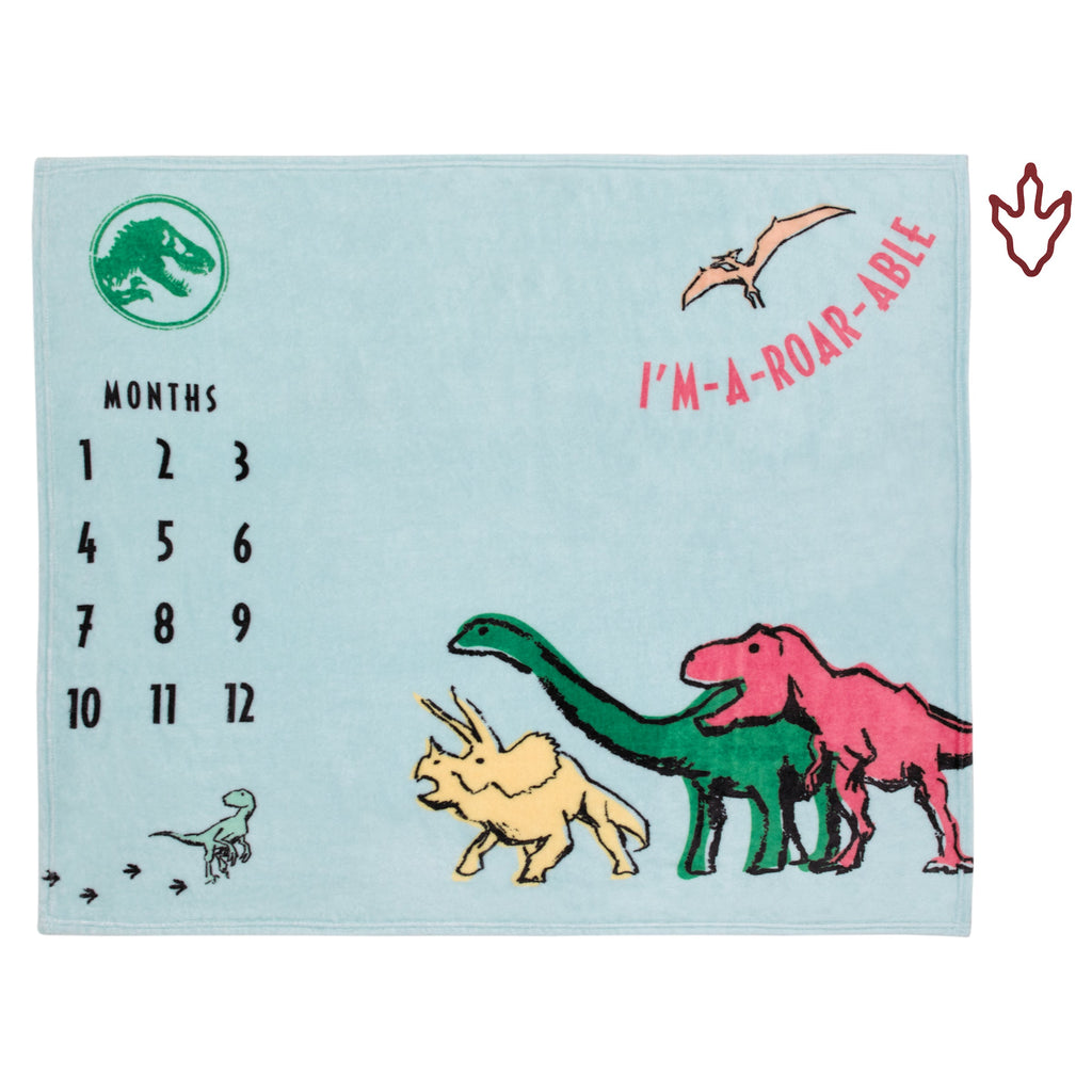 Jurassic World Blue, Green, Orange and Yellow I'm-a-Roar-able Dinosaur Super Soft Milestone Baby Blanket