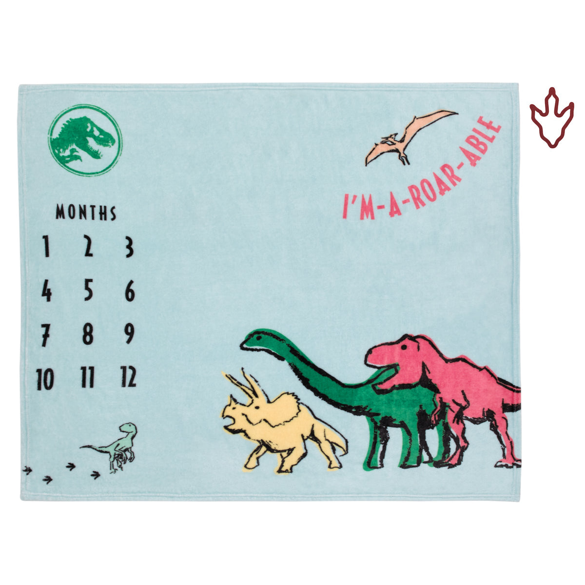 Jurassic World Blue, Green, Orange and Yellow I'm-a-Roar-able Dinosaur Super Soft Milestone Baby Blanket