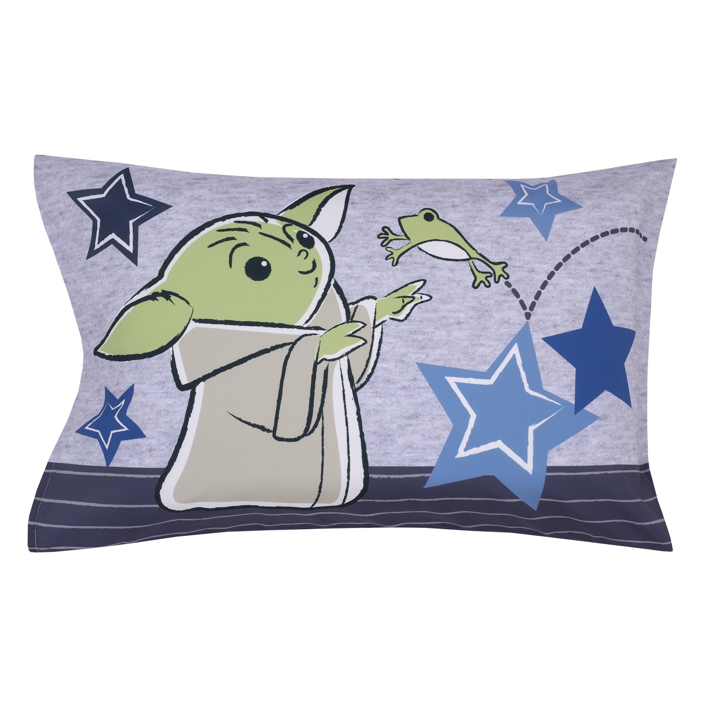 The Child Cutest in the Galaxy Blue, Green and Gray, "Too Cute" Grogu, Stars, Hover Pod, and Sorgan Frog 4 Piece Toddler Bed Set - Comforter, Fitted Bottom Sheet, Flat Top Sheet, and Reversible Pillowcase
