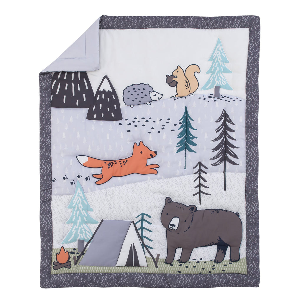 Woodland Friends Gray Multi Colored Bear and Fox, Squirrel, Tree, Tent, and Campfire 3 Piece Nursery Crib Bedding Set - Comforter, Fitted Crib Sheet, and Crib Skirt