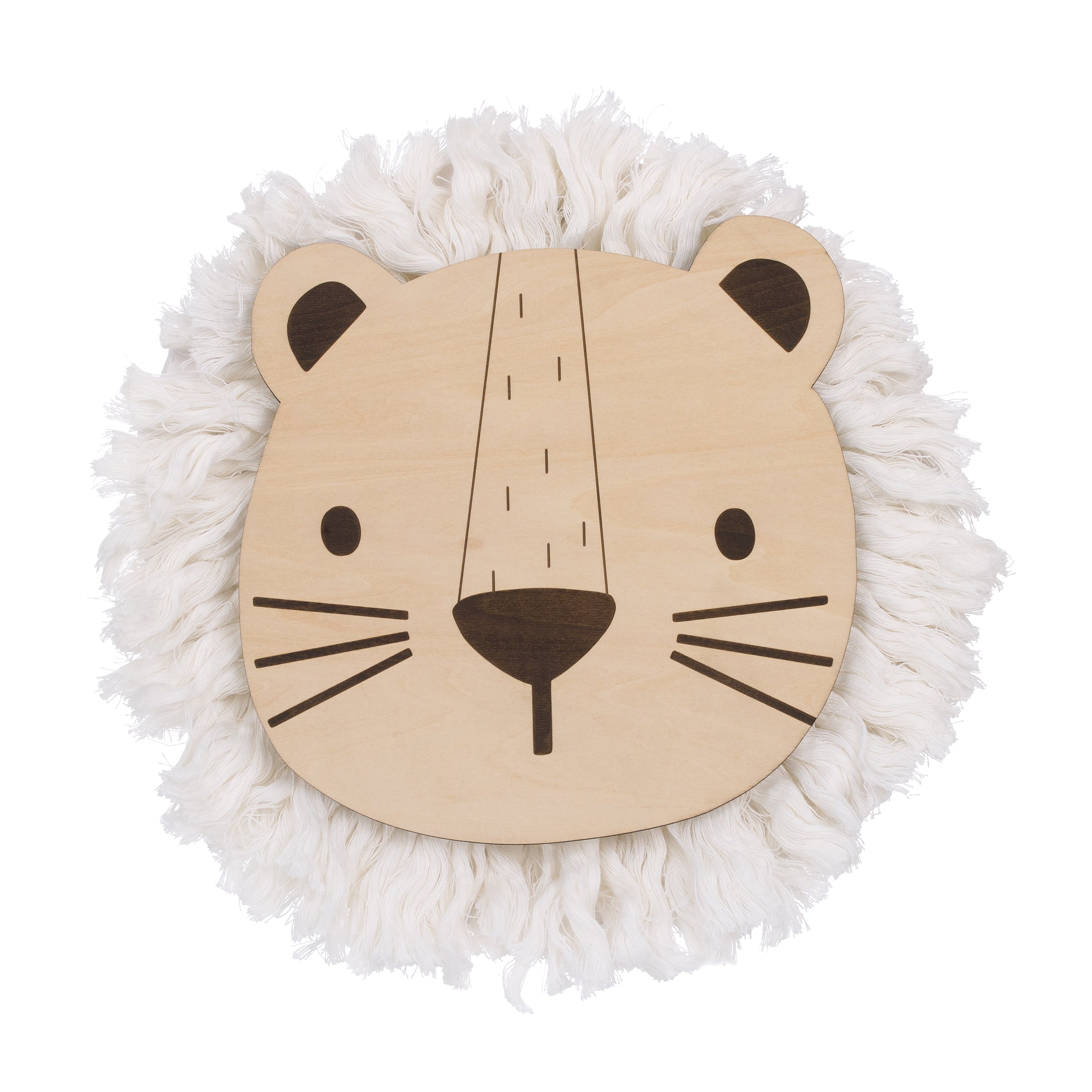 Natural Wood Lion Wall Decor with Ivory Yarn Mane