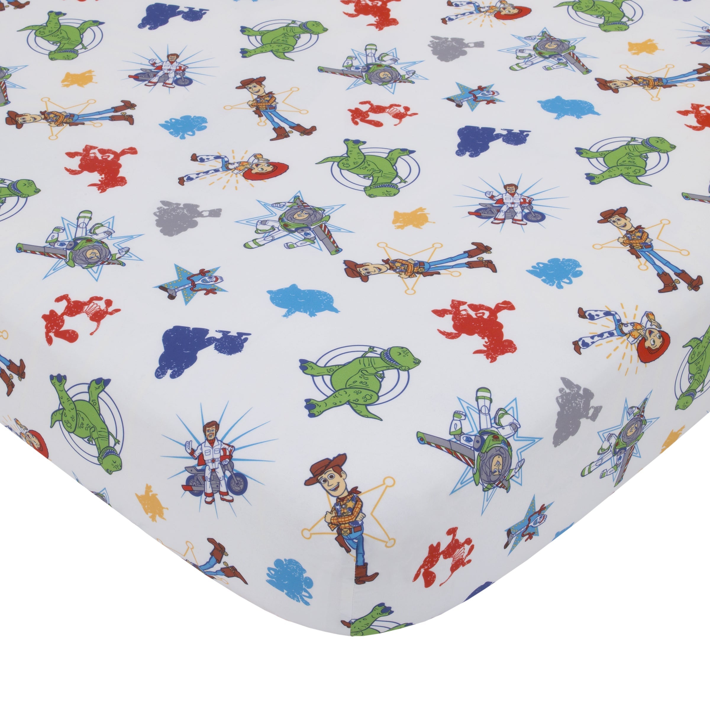 Disney Toy Story 4 - Blue, Green, Yellow Toys in Action 4 Piece Toddler Bed Set - Comforter, Flat Top Sheet, Fitted Bottom Sheet, Reversible Pillowcase
