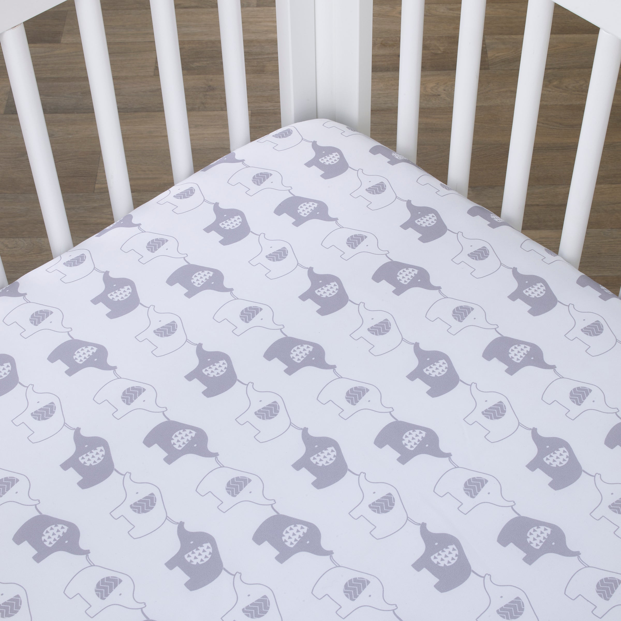 Elephant Stroll White and Gray Fitted Crib Sheet