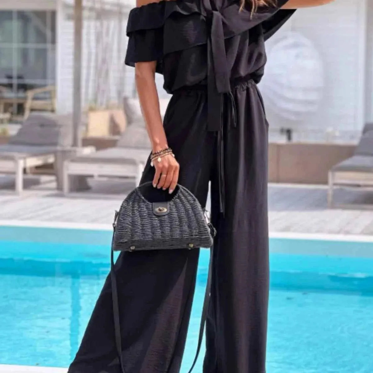 Off-Shoulder Ruffled Short Sleeve Wide Leg Jumpsuit