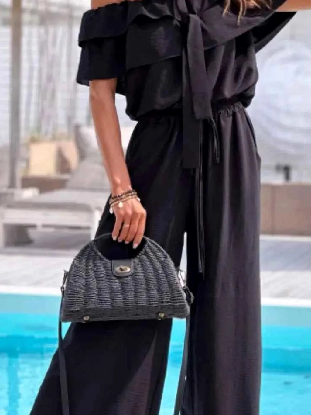 Off-Shoulder Ruffled Short Sleeve Wide Leg Jumpsuit