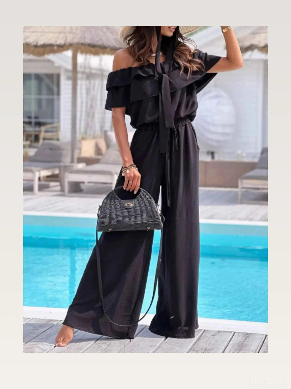 Off-Shoulder Ruffled Short Sleeve Wide Leg Jumpsuit