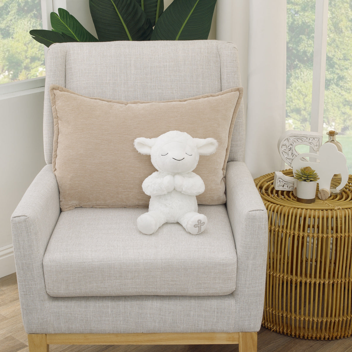 White Plush Lamb with Praying Hands and Embroidered Cross for Baptism or Christening Gift