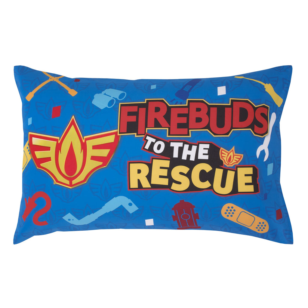 Firebuds Let's Roll Red, Blue, and Yellow First Responders 4 Piece Toddler Bed Set - Comforter, Fitted Bottom Sheet, Flat Top Sheet, and Reversible Pillowcase