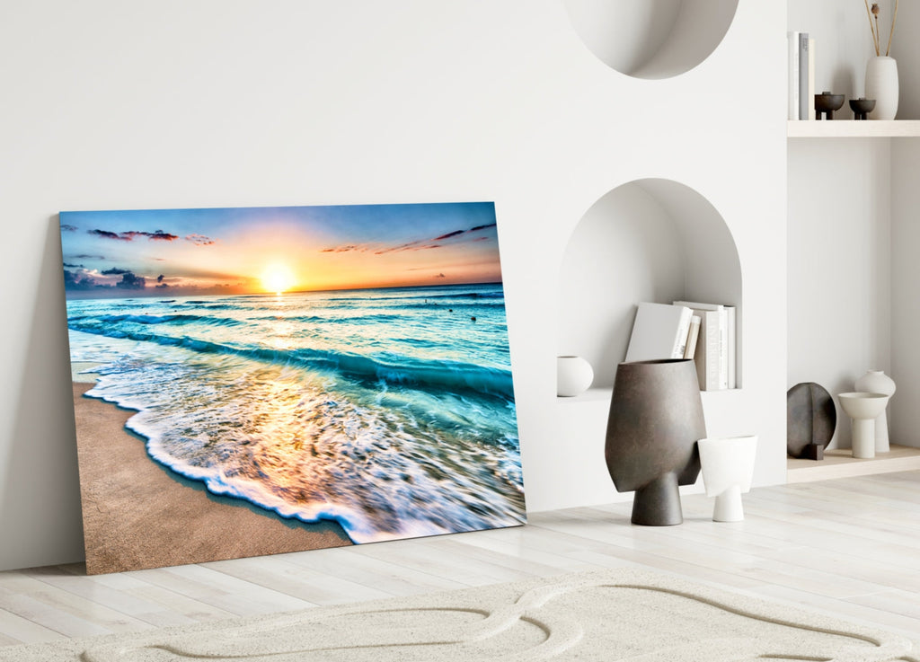 Turquoise Beach Waves Sunset Glass Wall Art