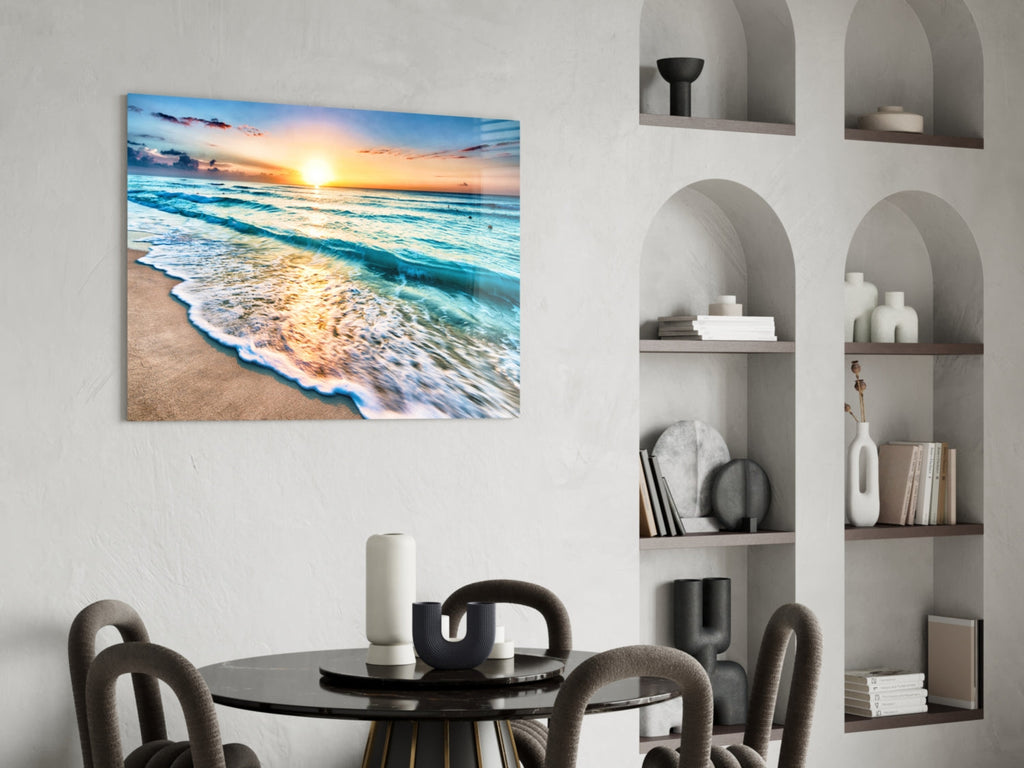 Turquoise Beach Waves Sunset Glass Wall Art