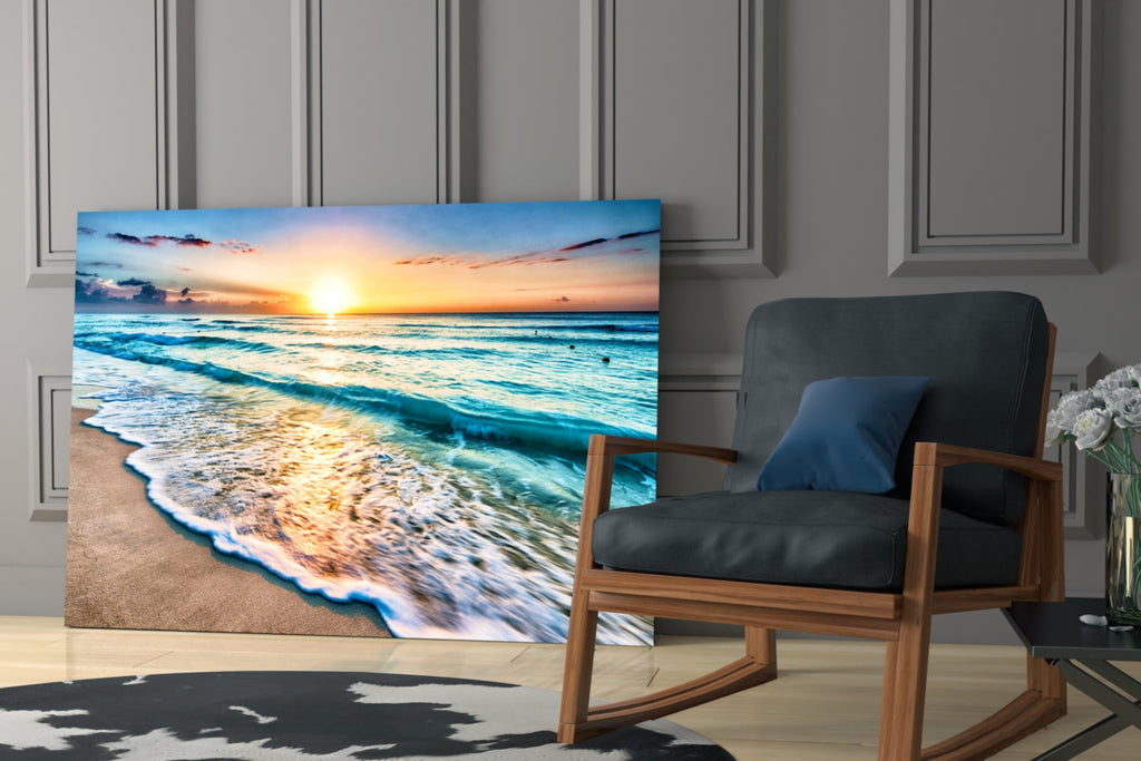 Turquoise Beach Waves Sunset Glass Wall Art