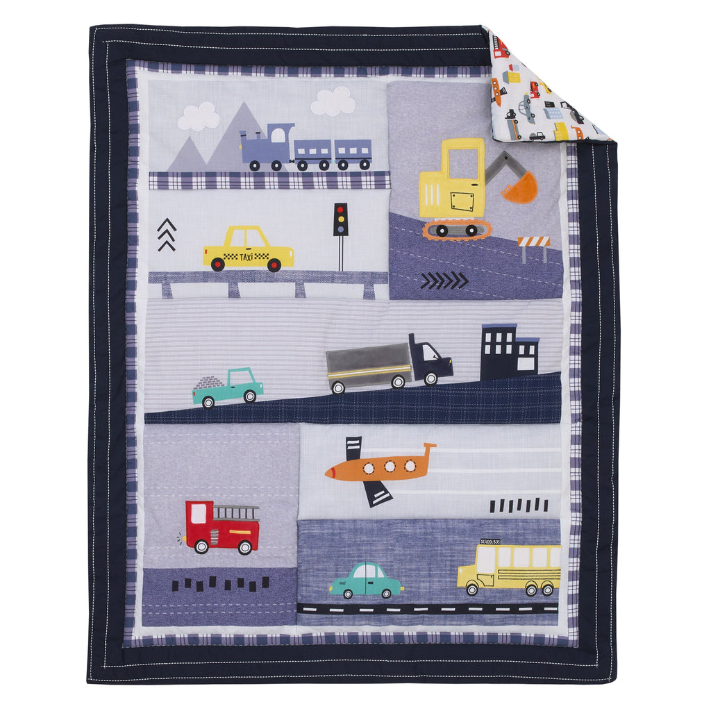 Transportation Trails Navy, Red, and Yellow Busy Cars, Trucks, Fire Engines 4 Piece Nursery Crib Bedding Set - Comforter, 100% Cotton Fitted Crib Sheet, Crib Skirt, and Nursery Organizer