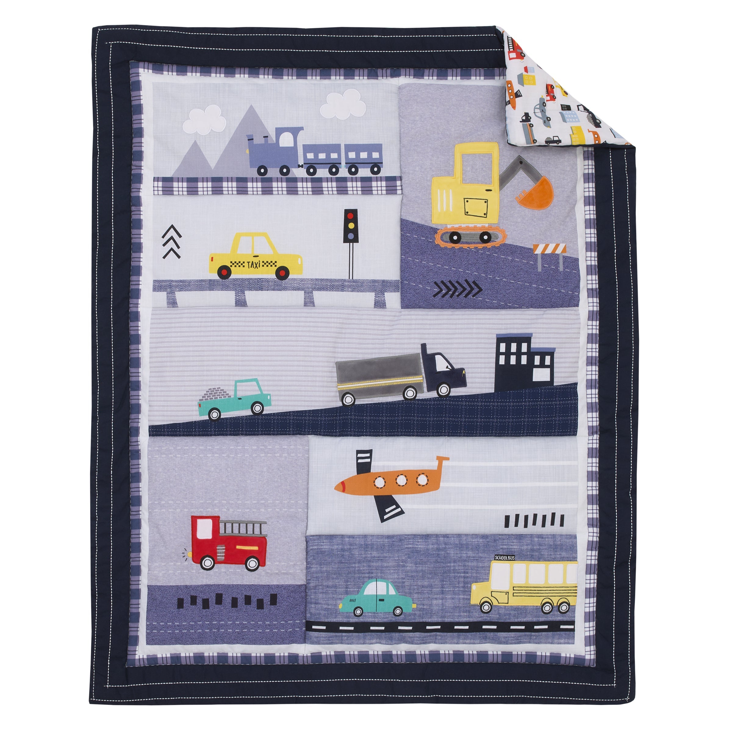 Transportation Trails Navy, Red, and Yellow Busy Cars, Trucks, Fire Engines 4 Piece Nursery Crib Bedding Set - Comforter, 100% Cotton Fitted Crib Sheet, Crib Skirt, and Nursery Organizer