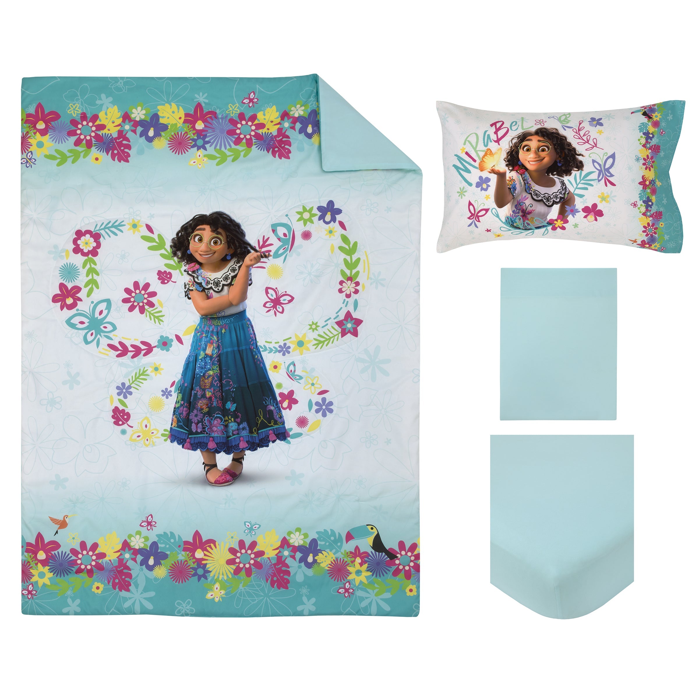 Encanto Tropical Delight Pink and Aqua Flowers and Butterflies 4 Piece Toddler Bedding Set - Comforter, Fitted Bottom Sheet, Flat Top Sheet and Reversible Pillowcase