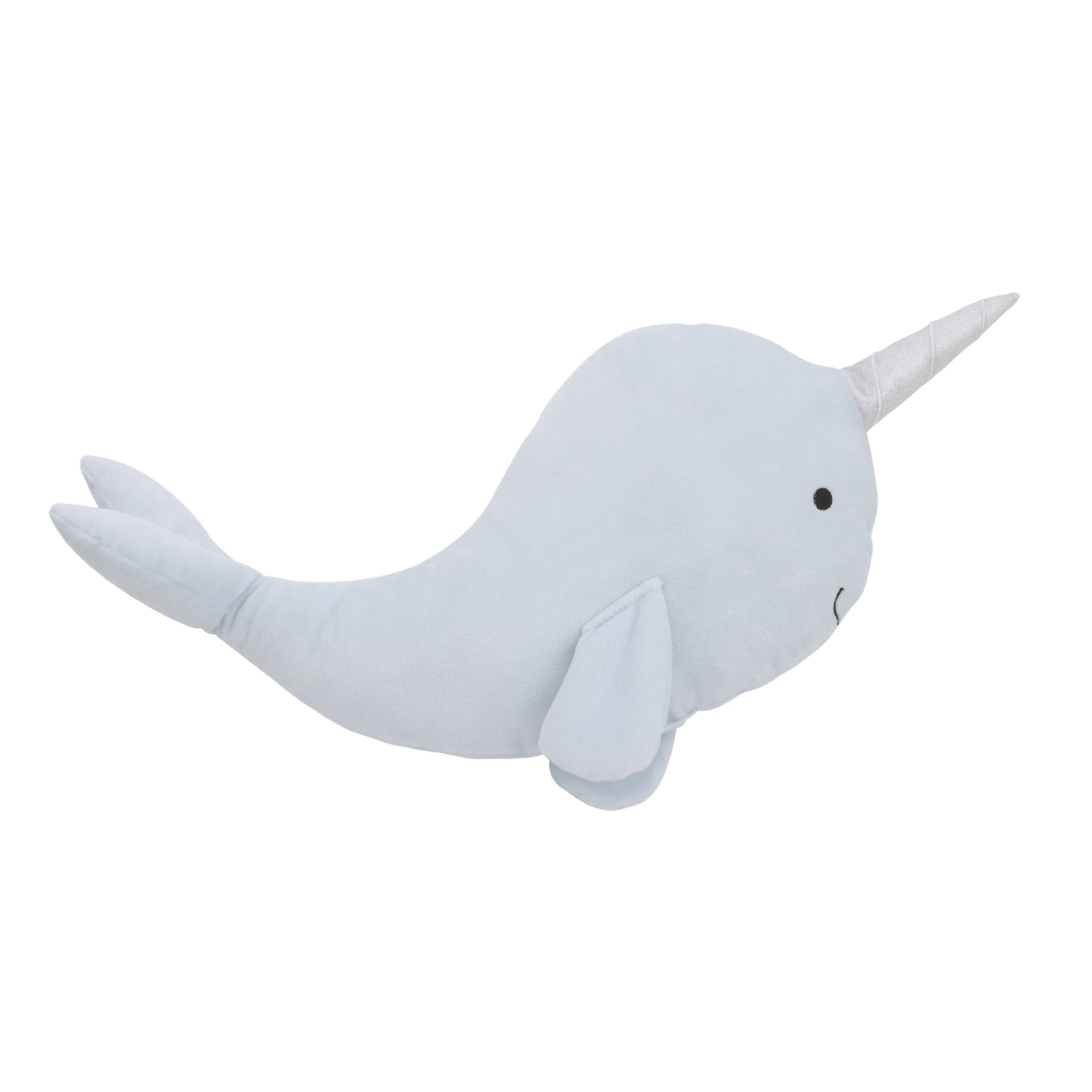 Light Blue Whimsical Narwhal Shaped Decorative Pillow with 3D Silver Metallic Horn