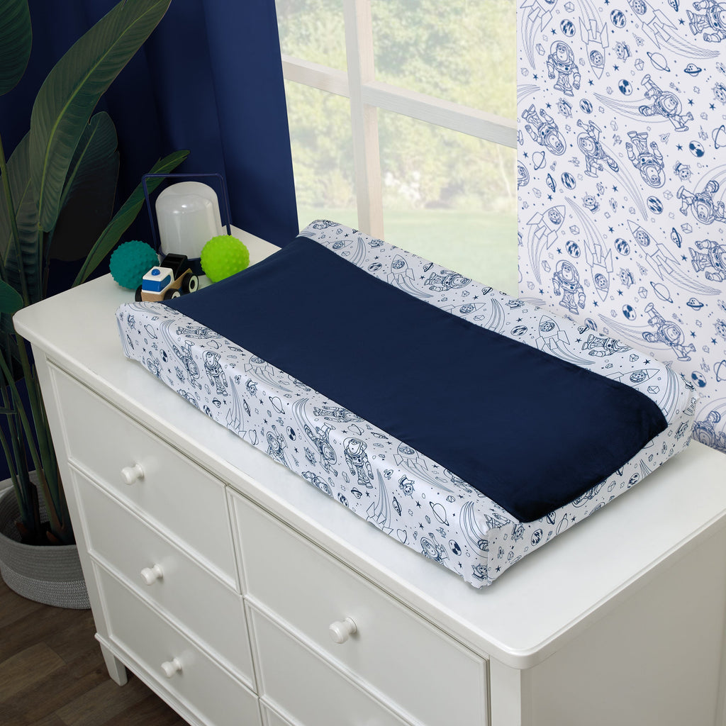 Toy Story Outta This World Blue and Gray Buzz Lightyear 4 Piece Nursery Crib Bedding Set - Comforter, Fitted Crib Sheet, Changing Pad Cover, and Crib Skirt