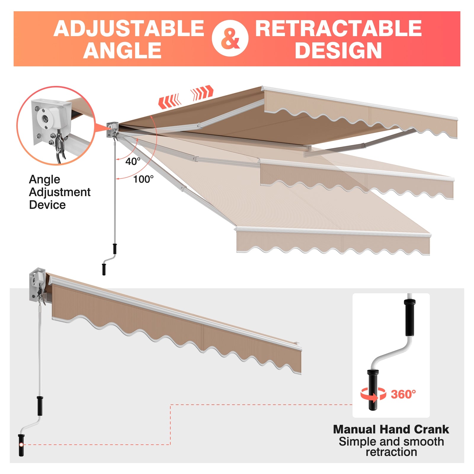 8 x 6.6 Feet Patio Retractable Awning with Manual Crank Handle