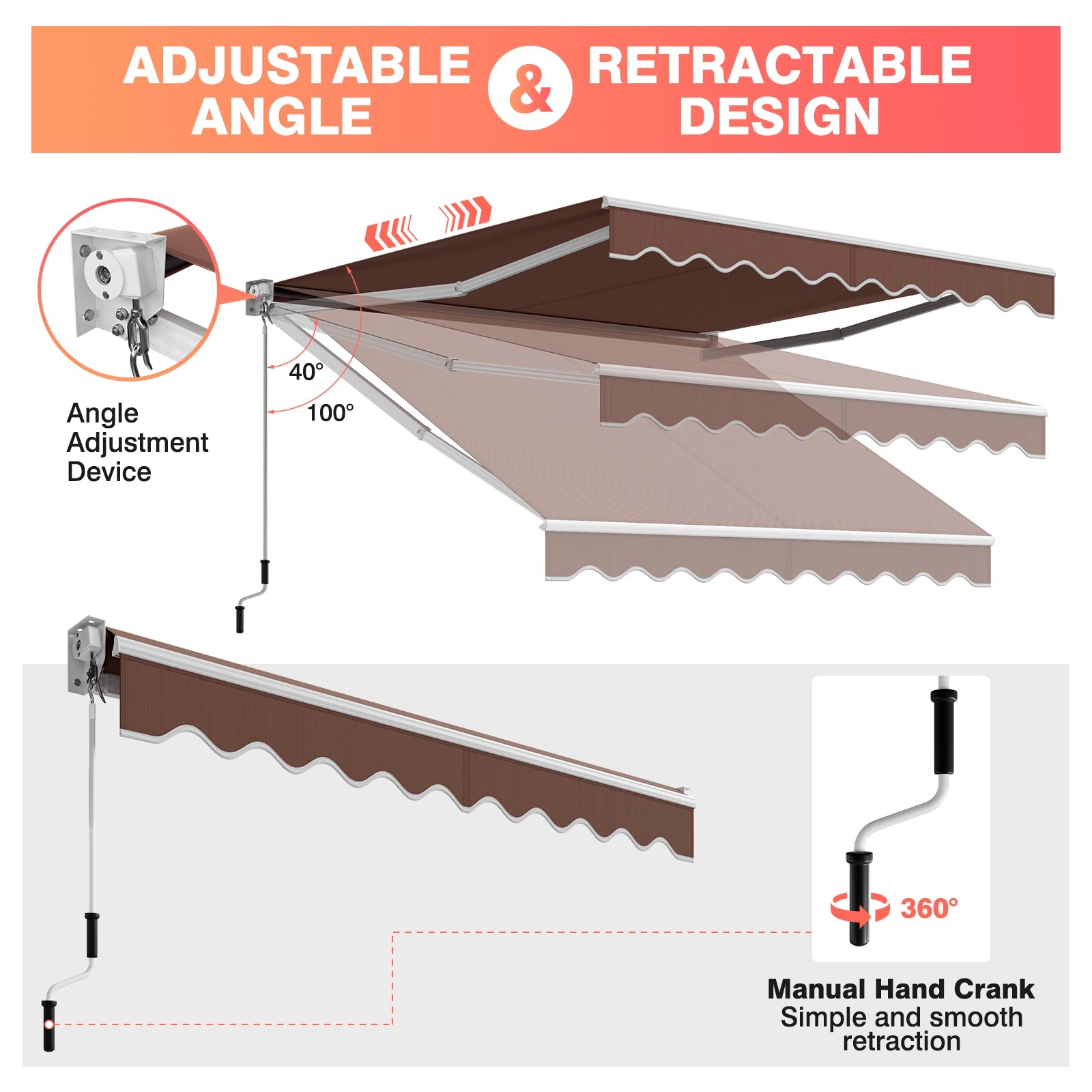8 x 6.6 Feet Patio Retractable Awning with Manual Crank Handle