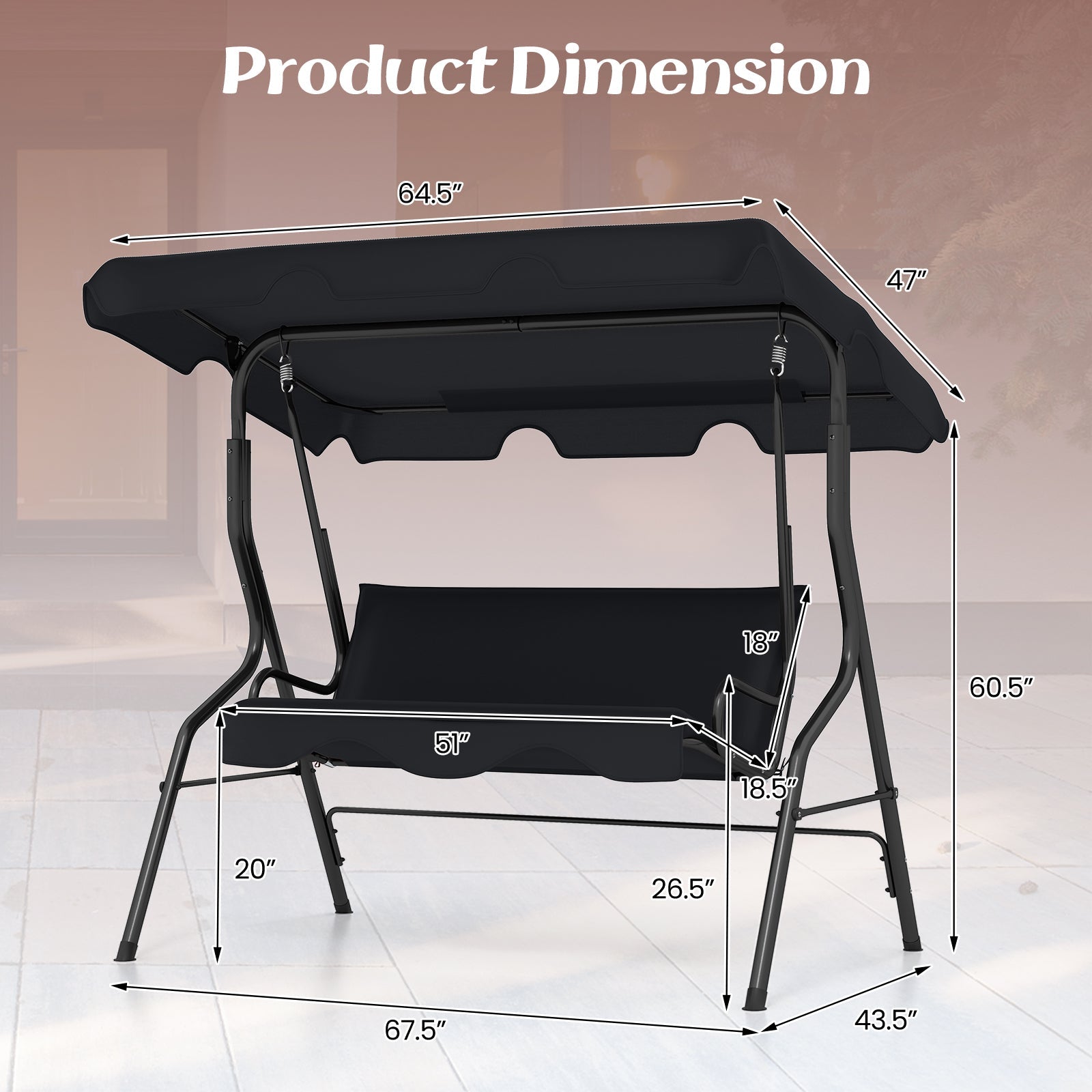 3 Seat Outdoor Patio Canopy Swing with Cushioned Steel Frame-Blue
