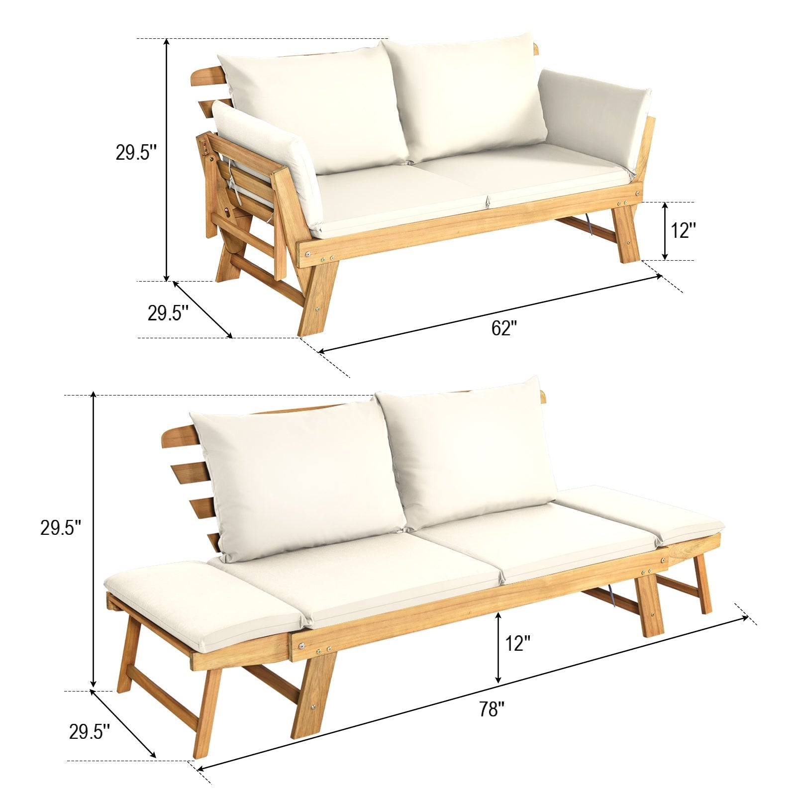 Adjustable Patio Convertible Sofa with Thick Cushion