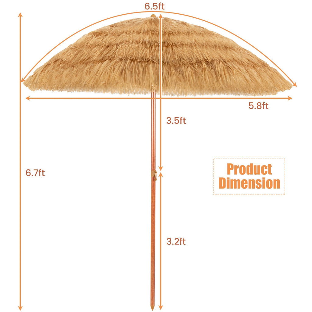 6.5 Feet Portable Thatched Tiki Beach Umbrella with Adjustable Tilt