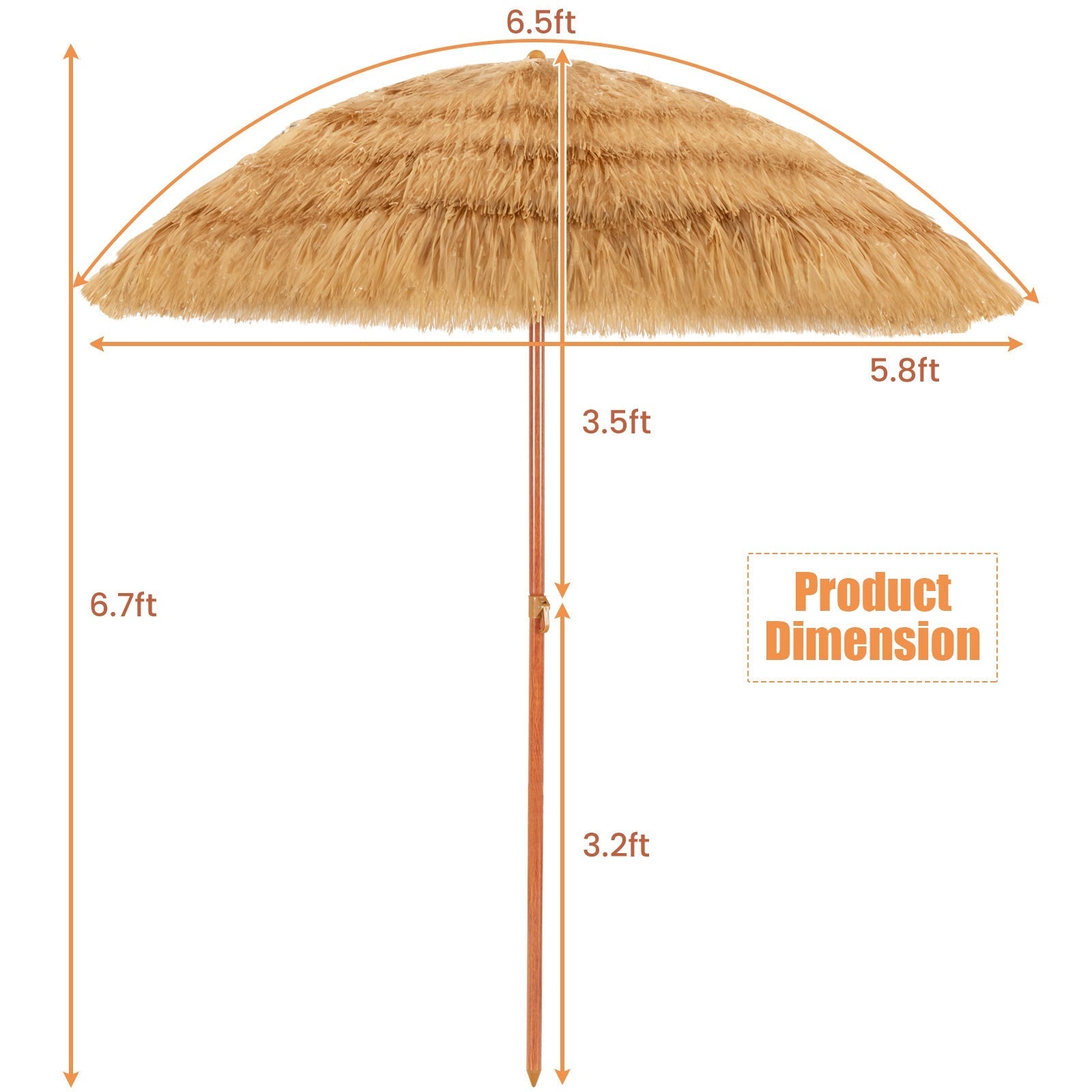 6.5 Feet Portable Thatched Tiki Beach Umbrella with Adjustable Tilt